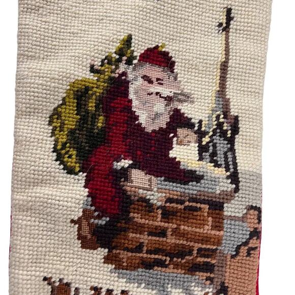 Vintage Needlepoint & Velvet Stockings Christmas Scene Santa Sleigh Stocking - Picture 2 of 7
